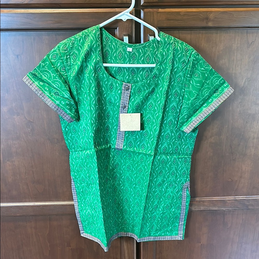 Seasons Brand Short Sleeve Kurta Blouse with Mandarin Collar in cotton